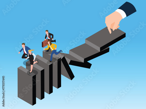 People Running Away from a Falling Staircase Caused by a Finger, Business Challenge and Risk, Market Crisis 3d vector illustration