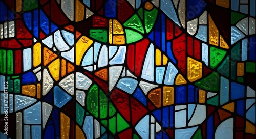 A captivating stained glass window featuring a mesmerizing array of colors and geometric shapes, creating a beautiful and timeless work of art
