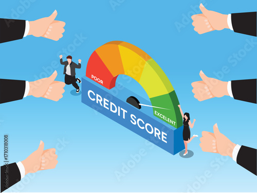 People Cheering as a Credit Score Meter Shows an Excellent Score, Financial Success, Good Credit Rating, and Financial Health. 3d vector illustration