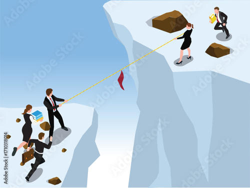 Team of Business People Pulling a Rope from a Cliff to Get a Flag, Business Challenge, Teamwork and Collaboration. 3d vector illustration