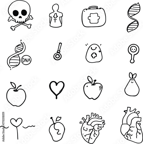 Health & Biology Icon Set – Black Silhouettes of DNA, Hearts, Fruits, Anatomy, and Medical Symbols