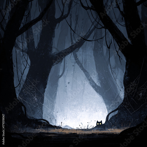 Wallpaper Mural A spooky forest with twisted trees, glowing eyes peering from the darkness. An unsettling scene full of mystery and Halloween tension. Torontodigital.ca