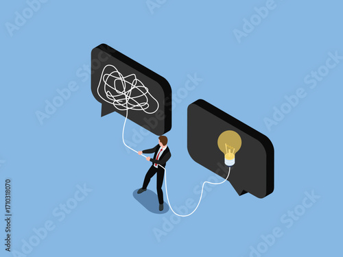 Businessman Untangling a Complicated Thought to Get a Good Idea, Finding a Solution to a Problem, Communication and Brainstorming. 3d vector illustration