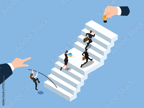 Business People Competing to Get a Trophy on a Staircase, Career Growth, Competition and Ambition. 3d vector illustration