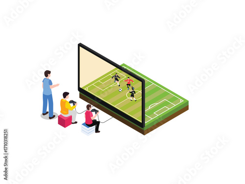  People Playing a Soccer Video Game on a Giant Screen, Gaming and Technology, Online Competition, and Leisure Activity. 3d vector illustration