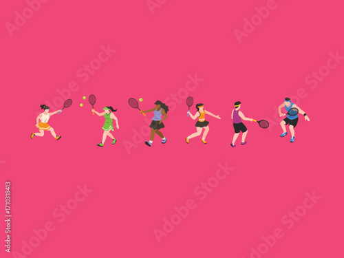 Diverse Group of People Playing Tennis Together, Competition, Fitness, and Active Lifestyle. 3d vector illustration