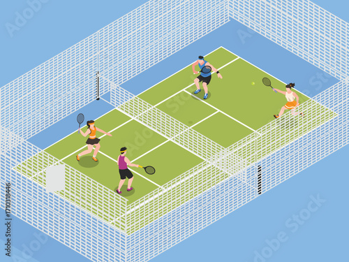 Diverse Group of People Playing Tennis in a Fenced Court, Physical Activity, Competition, and Active Lifestyle. 3d vector illustration