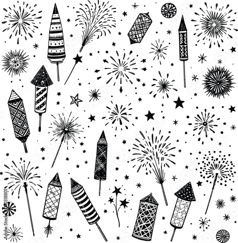 Fireworks Icon Set – Black Silhouettes of Rockets, Bursts, Stars, Sparklers, and Festive Explosions