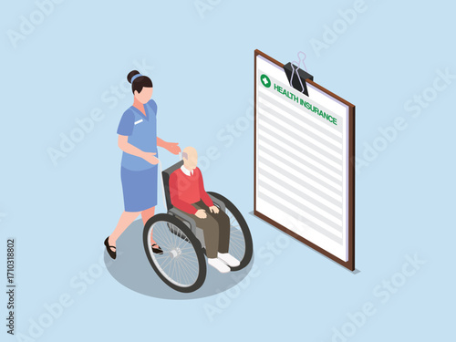 Nurse Pushing a Senior Man in a Wheelchair, Health Insurance Documents and Elderly Care. 3d vector illustration