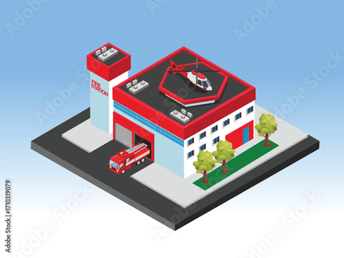 Fire Station with a Fire Truck and a Helicopter on the Roof, Emergency Services, Rescue, and Firefighters. 3d vector illustration