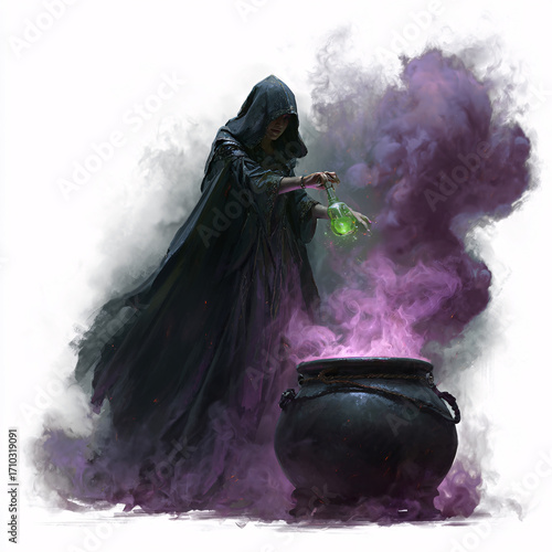 Wallpaper Mural A dark witch casting a spell with a glowing green potion and purple smoke, creating a mystical and powerful Halloween vibe. Torontodigital.ca