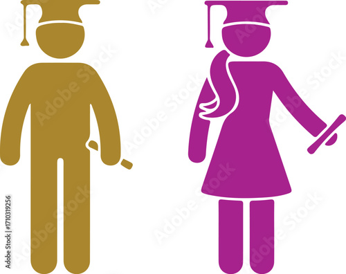 Graduation Icons: Symbolic depiction of academic success and achievement in higher education. Featuring a male and female graduate, each holding a diploma and wearing a graduation cap.
