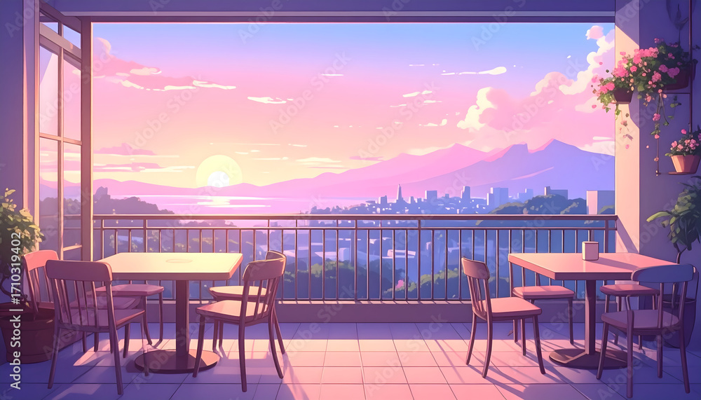 Fototapeta premium Illustration of a view from a rooftop cafe terrace in a pink-tinted sunset