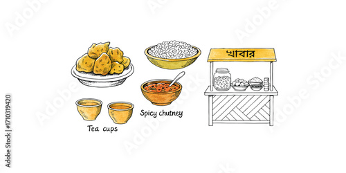 Print  Hand-drawn vector illustrations of Bengali street snacks – fried pakoras, puffed rice, spicy chutney, clay tea cups, and food stalls. Charming sketch style, isolated on white.