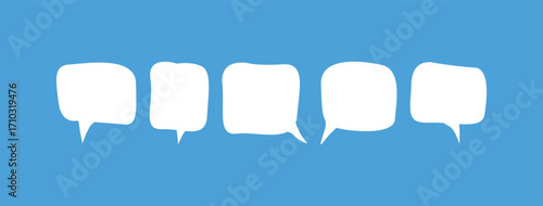 Set of five hand-drawn speech bubbles. Blank white comic chat boxes for dialogue and communication themes