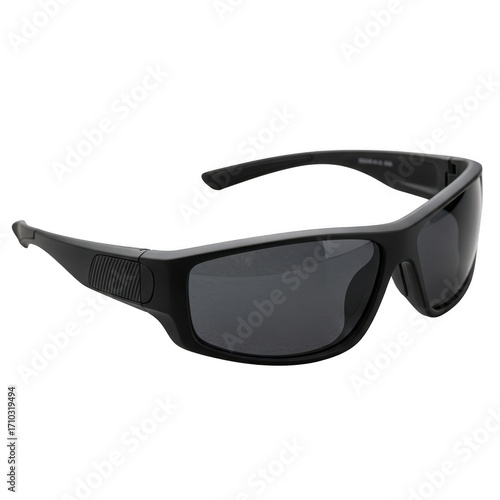 Stylish black sport sunglasses with dark tinted lenses isolated on transparent background