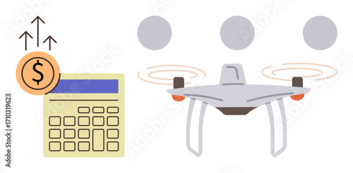 Quadcopter flying near financial chart with growth arrows and currency, highlighting innovation, technology, entrepreneurship, finance, investment, marketing, and data. Simple flat metaphor