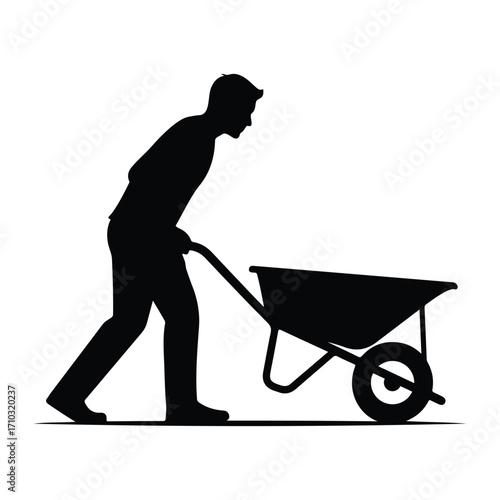 Vector silhouette of a man pushing a wheelbarrow. Suitable for construction, labor, farming, and work-related themes.