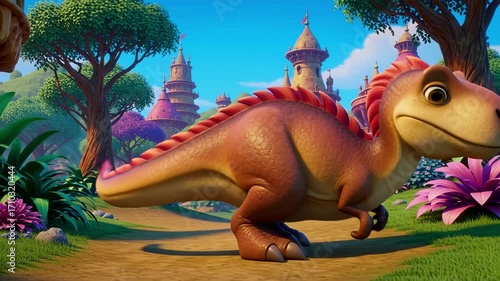 Cartoon dinosaur walking in a vibrant fantasy landscape with tall structures and lush vegetation
