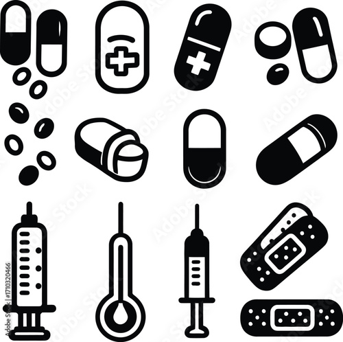 Medical Icon Set – Black Silhouettes of Pills, Syringes, Thermometers, Bandages, and Capsules