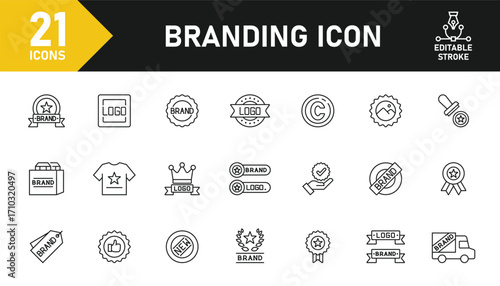 Branding line icon set. Set of 21 outline icons related to logo, branding, design, brand value, identity, trademark, product, company, marketing and others. Editable stroke. Vector illustration.