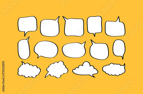 A hand-drawn vector collection of various white speech bubbles on a yellow background, perfect for comics, social media, and communication themes