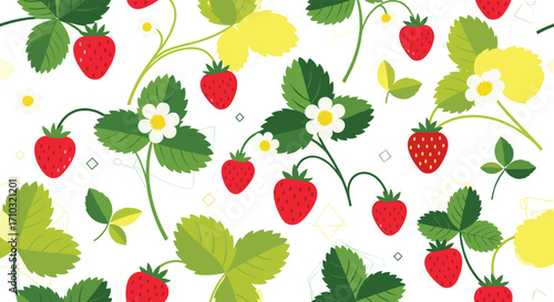 A delightful pattern of fresh strawberries and green leaves on a white background.
