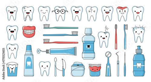 A collection of happy and healthy teeth with various dental hygiene products.
