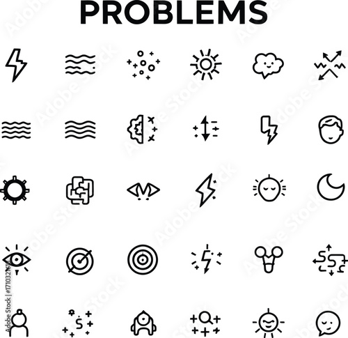 : Problems Icon Set – Black Silhouettes of Challenges, Symbols, Emotions, Energy, and Abstract IssuesProblems Icon Set – Black Silhouettes of Challenges, Symbols, Emotions, Energy, and Abstract Issues