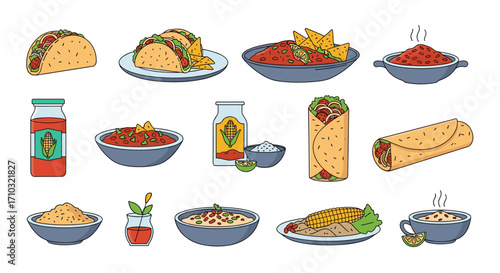 A vibrant collection of popular Mexican dishes and condiments presented in a visually appealing arrangement.