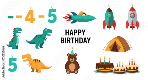 Happy birthday celebration with dinosaurs rockets and cakes.