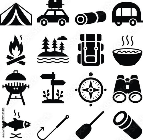 Camping Adventure Icon Set – Black and White Hand-Drawn Silhouettes of Gear, Nature, Cooking, and Exploration