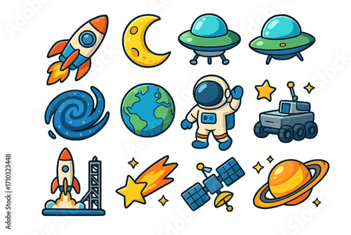 Space icon set. Cartoon vector collection of cosmic elements. Cute astronaut, rocket, planet, UFO, satellite for kids. Galaxy exploration and science illustration.