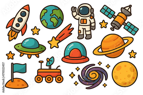 Colorful space icons collection. Vector cartoon set with astronaut, rocket, UFO, planets, moon, satellite, galaxy. Cosmic exploration and travel elements for kids design.