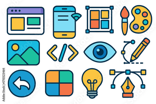 Web design and UI UX development icon set. Collection of colorful graphic design signs for website and mobile app creation. Vector symbols for coding, creativity, and art tools.