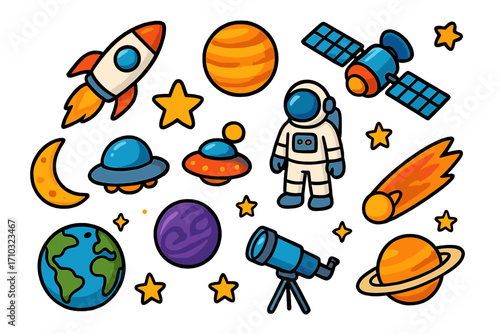 Space icon set. Cartoon vector collection. Astronaut, rocket, planet, UFO, satellite. Cosmic elements for kids. Galaxy exploration, astronomy science graphic design elements.