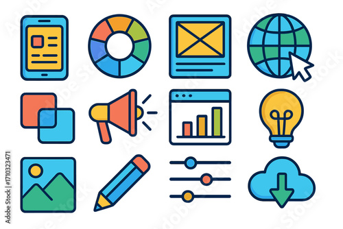 Digital marketing icon set. Web design UI UX elements. Business, technology, social media, data analytics symbols. SEO, app development, creative strategy vector icons.