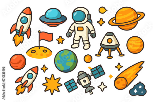 Space icon set cartoon vector illustration. Astronaut, rocket, planet, UFO, satellite collection. Cosmic exploration, galaxy travel, solar system graphic design elements.
