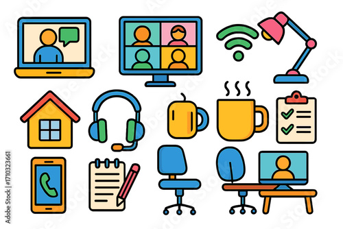 Remote work icon set. Home office essentials for freelance business. Vector icons for telecommuting, video conference, online meeting, webinar, and virtual communication.