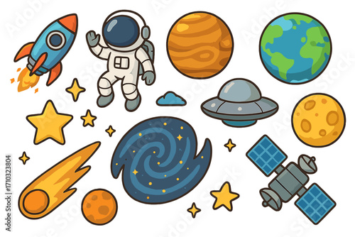 Space cartoon icon set with astronaut, rocket, planet, UFO, and galaxy. Cute cosmic collection for kids. Vector outer space exploration elements. Solar system sticker pack.