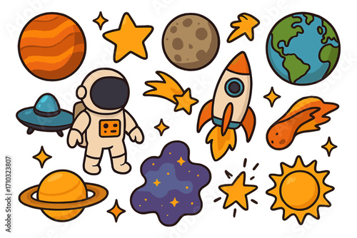 Space elements icon set. Cute cartoon collection with astronaut, rocket, planet, UFO, sun, moon, star. Vector illustration for kids, sticker pack, educational and decorative design.