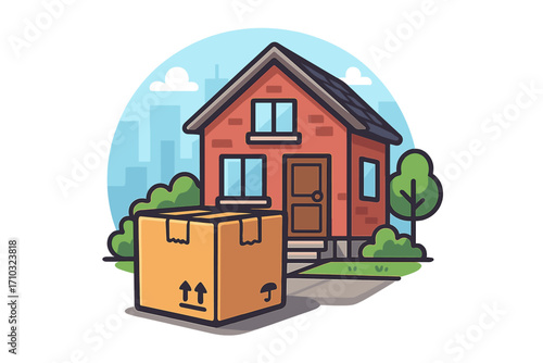 Home delivery service for online shopping. E-commerce concept illustration. Package parcel box at a residential house door. Contactless shipping order. Urban logistics purchase.
