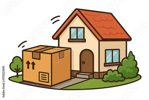 Home delivery service concept. Cardboard package at the front door of a house. Online shopping and e-commerce shipping. Residential courier delivery vector cartoon illustration.