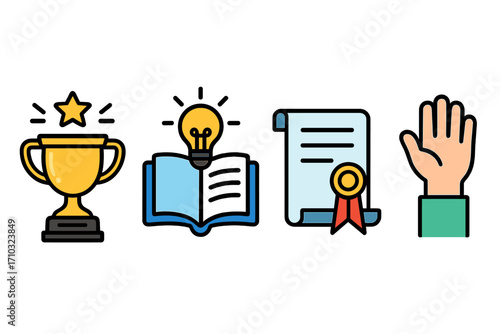 Education and achievement vector icon set. Concepts of learning, success, knowledge, ideas, graduation certificate, and student participation. Modern flat cartoon illustration.