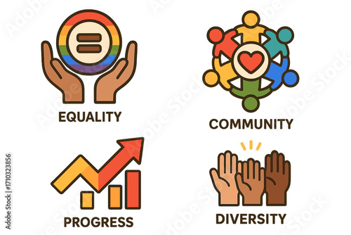 Equality, community, progress, diversity icon set. Vector symbols for social issues, human rights, inclusion, LGBTQ pride. Unity, teamwork and growth concept illustration.