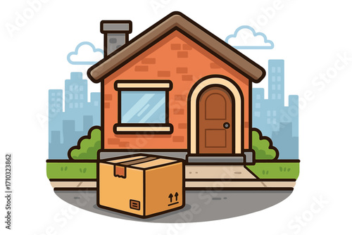 Home delivery service concept. Package box outside house door. Online shopping order. E-commerce shipping. Parcel delivery in city. Courier service vector cartoon illustration.