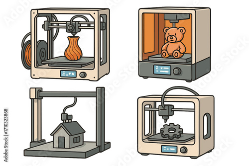 3D printers vector cartoon set. Collection illustrating diverse additive manufacturing processes. Rapid prototyping, engineering, and design technology. For industrial applications.