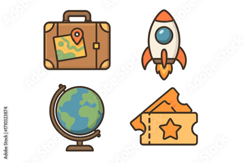 Travel and exploration icon set with suitcase, rocket, globe, and tickets. Vector cartoon illustration for vacation, journey, space mission, and entertainment concepts.