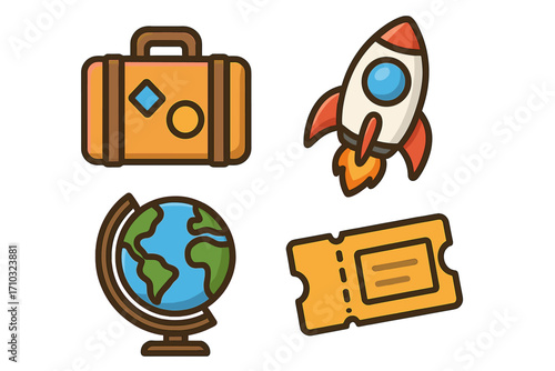 Travel and exploration icon set. Cartoon vector icons of suitcase, rocket launch, globe, and ticket for journey, space travel, vacation booking and global business concepts.