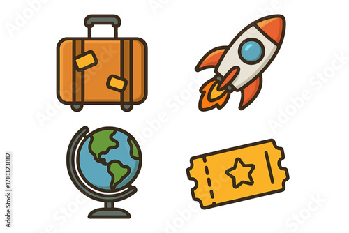 Travel and exploration icon set. Suitcase for vacation, rocket for space exploration, globe for world travel, and ticket for admission. Vector cartoon illustration concept.